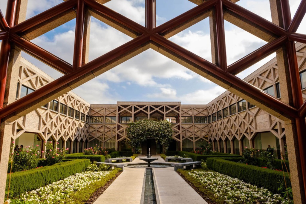 view on the courtyard of Ismaili characterized but its geometric façade and garden